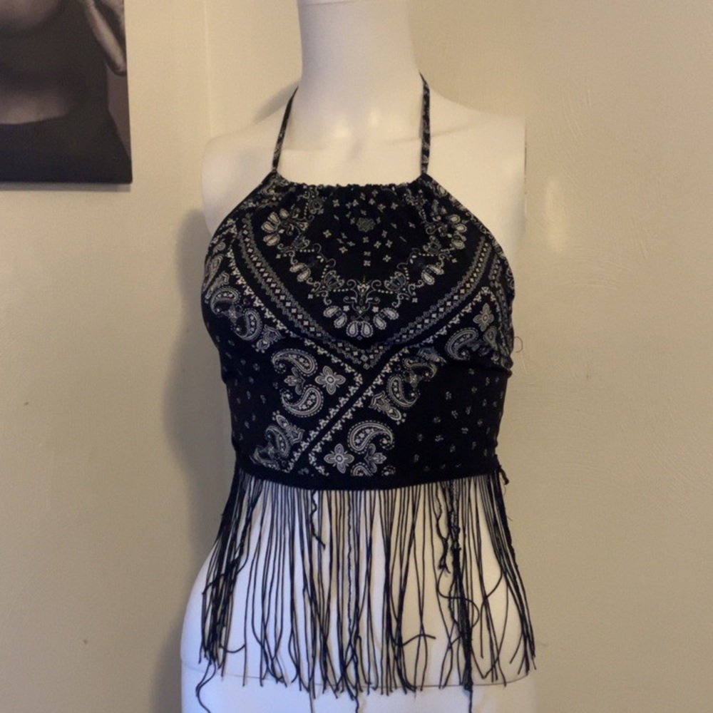 SHEIN Black Paisley Halter Fringe Crop Top